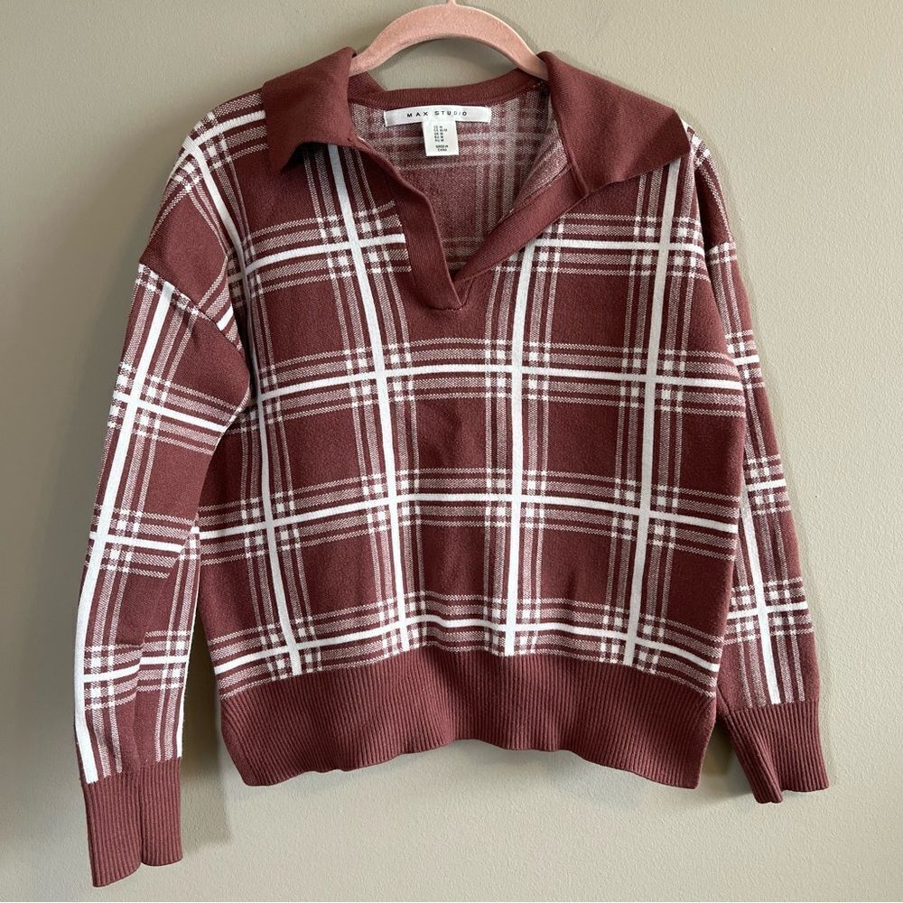 ✨ Max Studio Women’s Brown Plaid Collared Sweater Medium